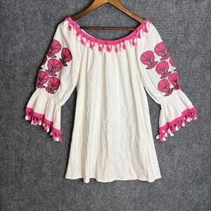 Velzera Womens White Pink Embroidered Tassel Boho Peasant Dress Medium